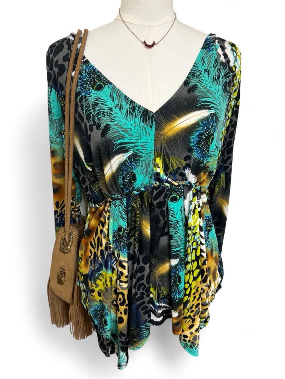 Multicolor leopard peacock print y2k long sleeve blouse top blue yellow indie